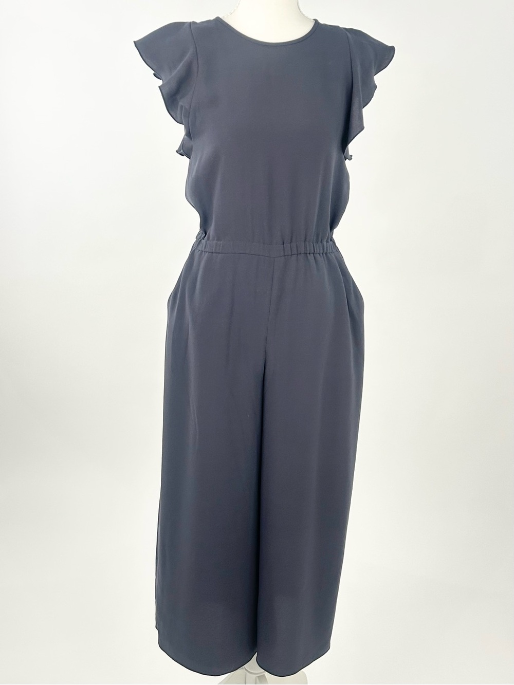 Wilfred Aritzia Fleurette Jumpsuit XXS Gray Wide Leg Ruffle Open Back